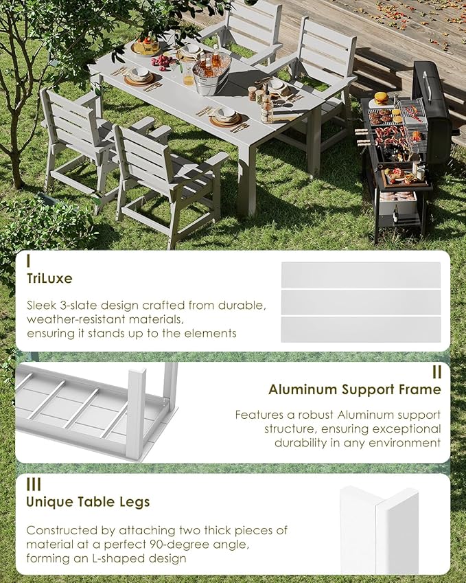 GREENVINES Outdoor Dining Table | 67’’ | HDPE | Rectangle Tables for 6 | All-Weather | Umbrella Hole | Patio Furniture | for Poolside Backyard Garden | White