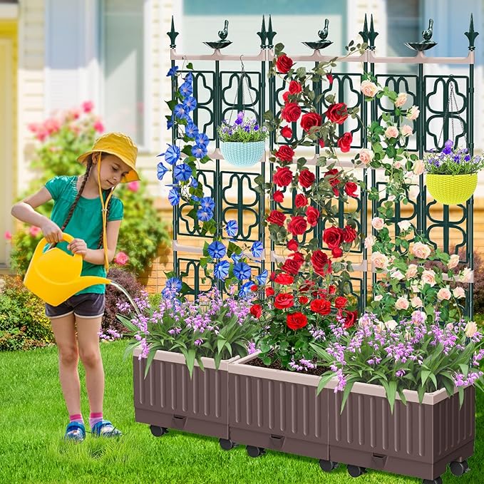 Raised Garden Bed Planter Boxes with Trellis,61.4" Self-Watering Trellis with Planter Box for Climbing Plants Flowers Vegetables with Wheels,Use for Indoor Outdoor