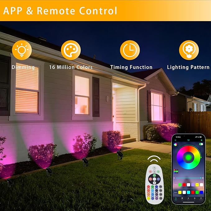 Smart RGB Low Voltage LED Spotlights, APP & Remote Control,Synchronous Dimming Lighting System, IP65 Waterproof,16 Million Colors for Outdoor Landscape,Yard,Garden,Holiday Decoration (10 Pack)