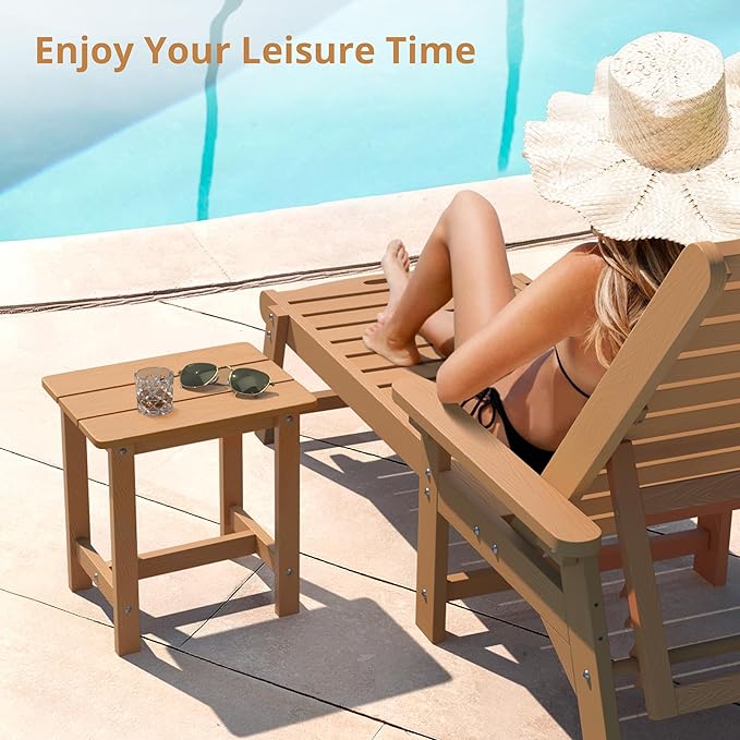 LUE BONA Outdoor Side Table Set of 2, HDPS Small Outdoor Adirondack Side Tables, Outside End Table for Patio, Porch, Deck, Pool, Weather Resistant/Easy Maintenance, Teak Color