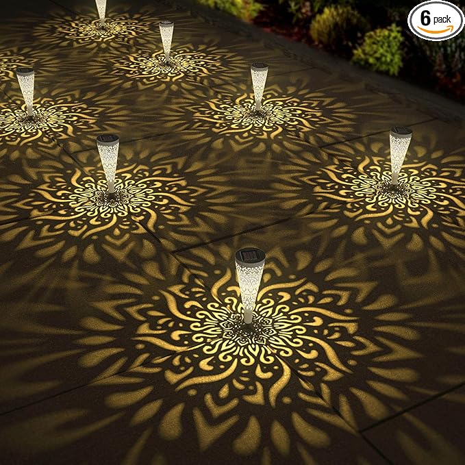 6 Pack Solar Lights Outdoor Garden Decorative Mandala Solar Garden Lights with Warm Light Waterproof Solar Pathway Landscape Light for Path Patio Backyard Walkway Yard Decor (White)
