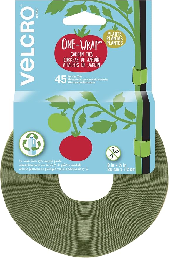 Velcro Brand VEL-30088-AMS Garden Pre-Cut 45pcs ONE-WRAP Plant Ties Suitable for Tomatoes Flowers or Vegetables in Raised Beds, 8 in X 1/2 in, Green-Recycled Plastic