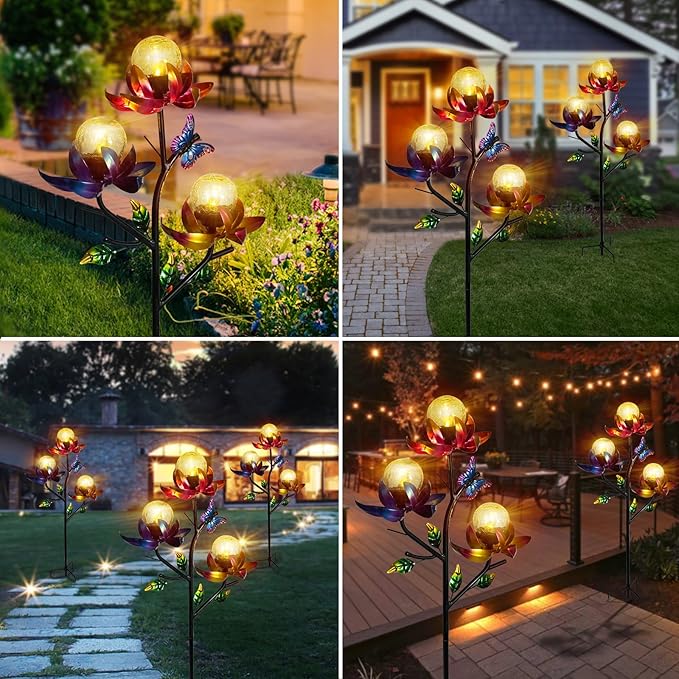 Solar Lights Outdoor Decorative Lotus Flowers Wind Spinner Garden Stake with LED Crackle Balls Solar Wind Sculpture Yard Art Decor for Patio, Lawn & Garden