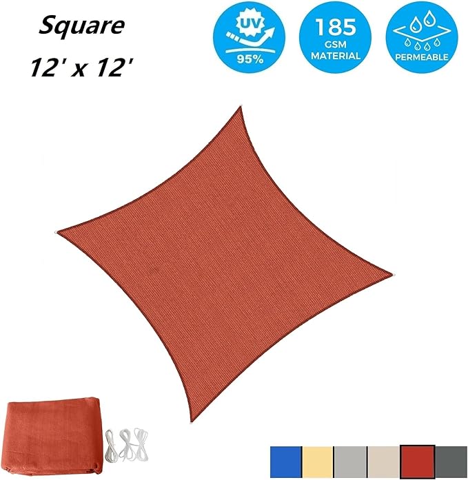 AsterOutdoor Sun Shade Sail Rectangle 12' x 12' UV Block Canopy for Patio Backyard Lawn Garden Outdoor Activities, Terra