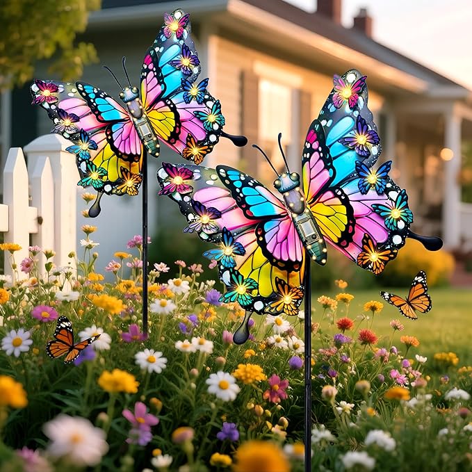 Hexagram Butterfly Garden Decor, Butterfly Solar Lights for Outside, Metal Decorative Large 42.3" Yard Stakes, Solar Outdoor Decorations for Lawn Porch Pathway, Birthday Gardening Gifts for Mom Women