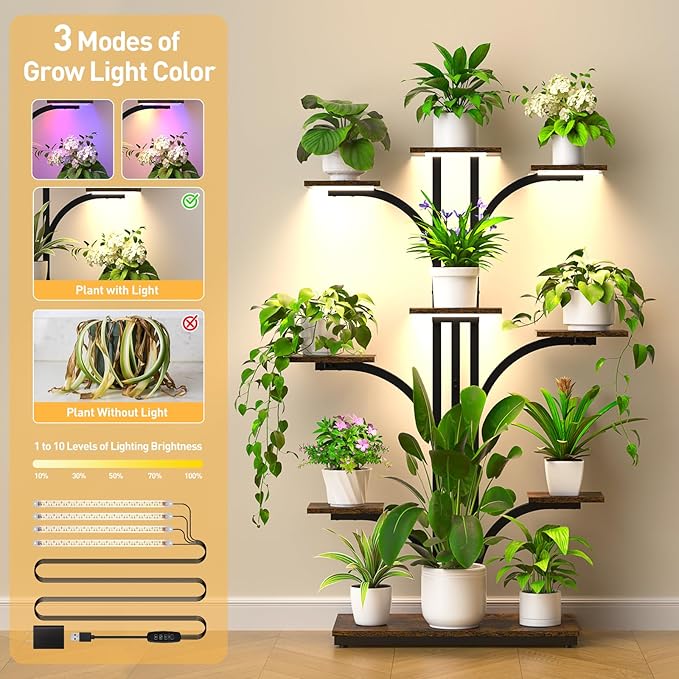 ikkle Plant Stand Indoor with Grow Lights, 64" Tall Plant Shelf, 9 Tiered Corner Plant Shelves for Indoor Plants Multiple, Large Flower Display Holder, Tree-Shaped Plant Rack for Home, Living Room, Patio Decor