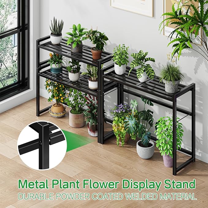 3-Tier Metal Plant Stand, Heavy Duty Waterproof Indoor Outdoor Stackable Shelf, Tall Flower Pot Holder & Display Rack for Garden, Black
