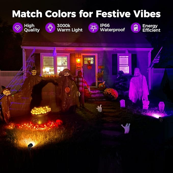 L LOHAS LED Tree Spotlight Outdoor, Purple Halloween Spot Lights for Yard, Auto On/Off 5W 120V Landscape Lighting for House, Holiday, Garden, Decoration, 450LM IP66 Waterproof, UL Listed, 2 Pack