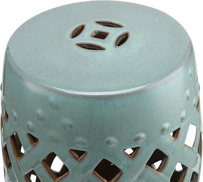 Outsunny 13" x 18" Ceramic Garden Stool with Woven Lattice Design & Glazed Strong Materials Decorative Outdoor Stool, Antique Blue