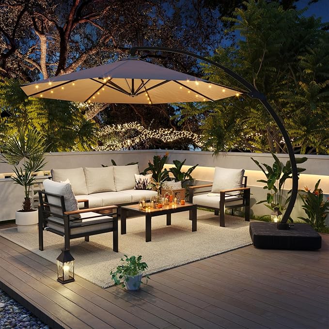 Aoxun Aluminum Patio Furniture Set with Umbrella 5 Seats, Oversized Outdoor Sectional with Washable Thick Cushions, Coffee Table and Waterproof Cover, Patio Conversation Sets for Porch, Balcony, Deck