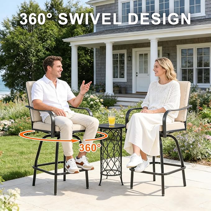 Patio Swivel Bar Stools Set of 2, Outdoor Bar Height Swivel Chairs with Cushions for Garden Balcony Backyard, Beige