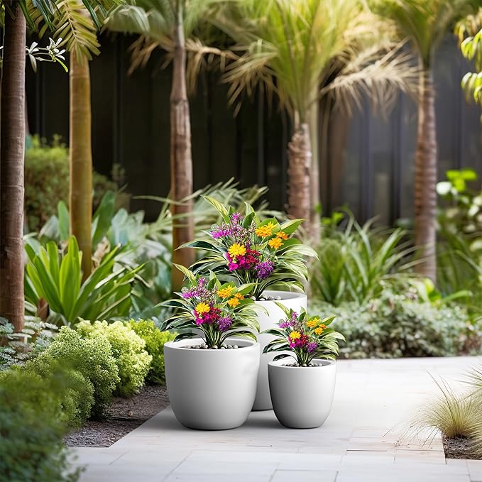 Kante 18",14",10" Dia Concrete Round Planters (Set of 3), Outdoor Indoor Large Planter Pots with Drainage Hole for Home Patio Garden, Pure White