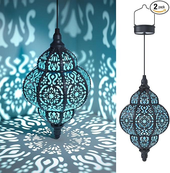 Hanging Solar Lights Outdoor Garden Decor Solar Lantern Waterproof Plastic Moroccan Outdoor Decorations for Patio Pathway Yard Backyard Garden Decorative (2, Black)