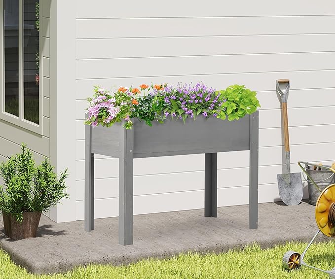 SoliWood Set of 2 Raised Garden Bed with Legs, 40x20x31'', Outdoor Wood Elevated Planter Box, Thick Legs, w/Liner
