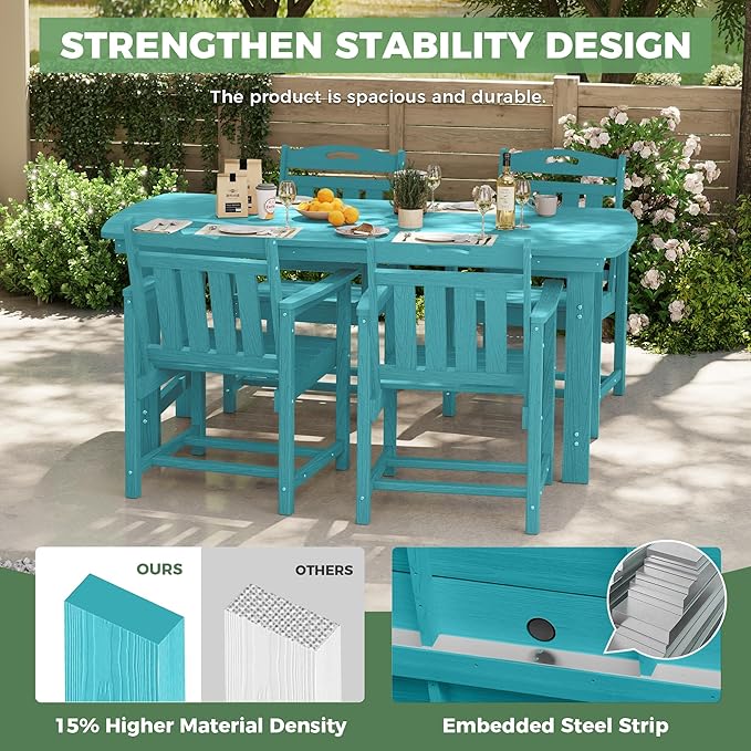 HDPE Outdoor Dining Set, Patio Table and Chairs Set, All-Weather 5-Piece Outside Table and 4 Chairs, 2" Umbrella Hole, Outdoor Furniture for Garden, Poolside, Backyard, Deck | Lake Blue