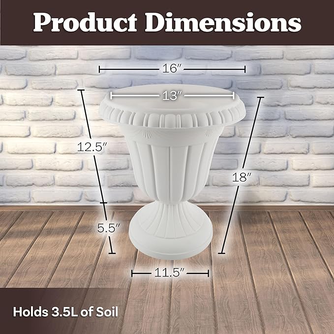 Outdoor Planter 2-Pack - 16x18-Inch Urn Planters - Plastic Plant Pots for Indoor, Outdoor, or Front Porch Decor - Flower Pots by Pure Garden (White)