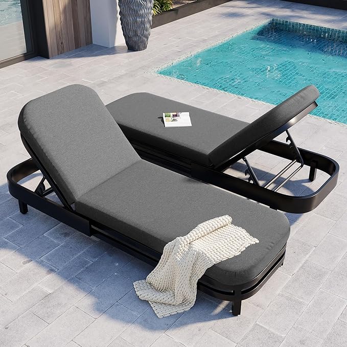 LUMISOL Outdoor Lounge Chair Set of 2, Modern Aluminum Chaise Loungers with Premium Cushions, 5-Level Reclining Chairs for Patio, Poolside, Garden, Grey Cushions