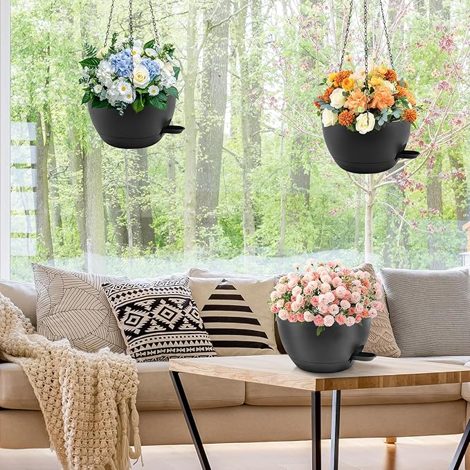 10 inch Hanging Planters for Indoor Plants, 3 Pack Self-Watering Hanging Planter Pots with Chain and Drainage Holes, Outdoor Plastic Hanging Baskets for Garden Home Decor (Black, 3pcs/10inch)