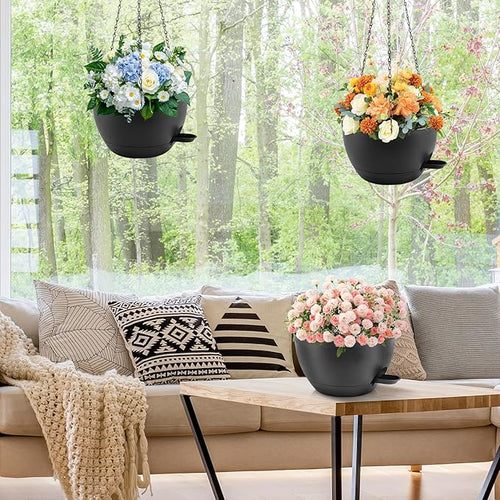 10 inch Hanging Planters for Indoor Plants, 3 Pack Self-Watering Hanging Planter Pots with Chain and Drainage Holes, Outdoor Plastic Hanging Baskets for Garden Home Decor (Black, 3pcs/10inch)