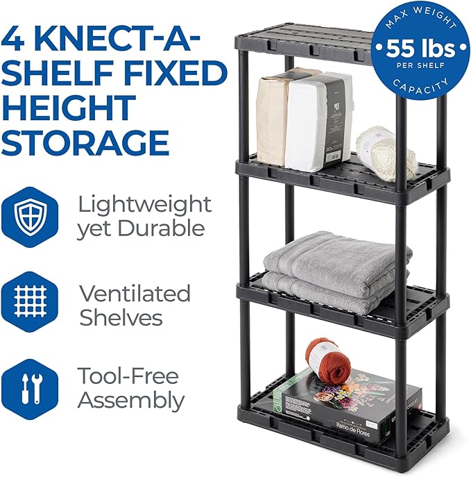 Gracious Living 2 Pack Light Duty Storage Shelves, Knect-A-Shelf 4-Shelf Ventilated Shelving Rack Organizer for Home, Garage, Basement & Laundry, Black