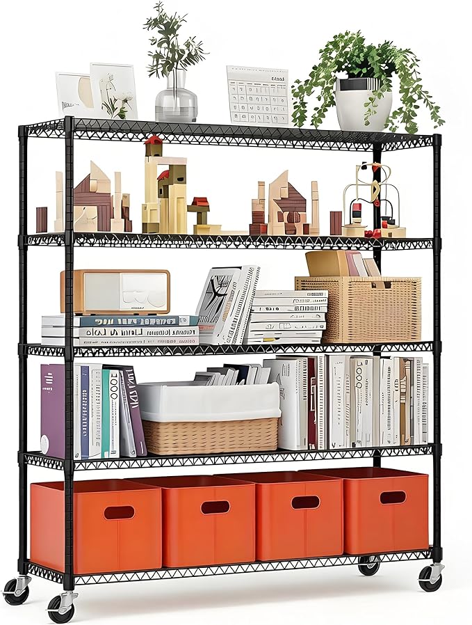 Xcity Storage Shelves, 5 Tier Heavy Duty Metal Shelving Unit with Wheels, 3000 LBS Capacity Adjustable Steel Wire Shelf Organizer for Pantry, Kitchen, Garage, 24" D x 48" W x 72" H, Black