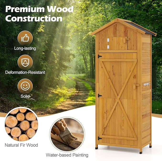 Goplus All-in-One Storage Shed, 70" Tall Wooden Lockable Cabinet w/Foldable Work Table, Vertical Utility Tool Organizer w/Shelves & Hooks, Waterproof Garden Shed for Patio Backyard (Natural)