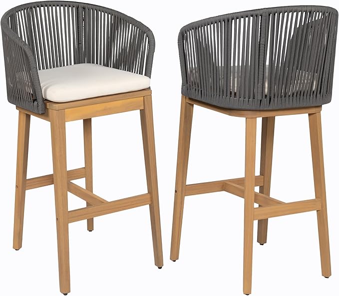 Christopher Knight Home Zax Set of 2 Patio Barstool, Acacia Wood & Rope Outdoor Counter Stool with Backrest/Footrest, Barstool Chairs with Cushion Seating for Backyard Balcony Garden, Beige+Gray+Teak