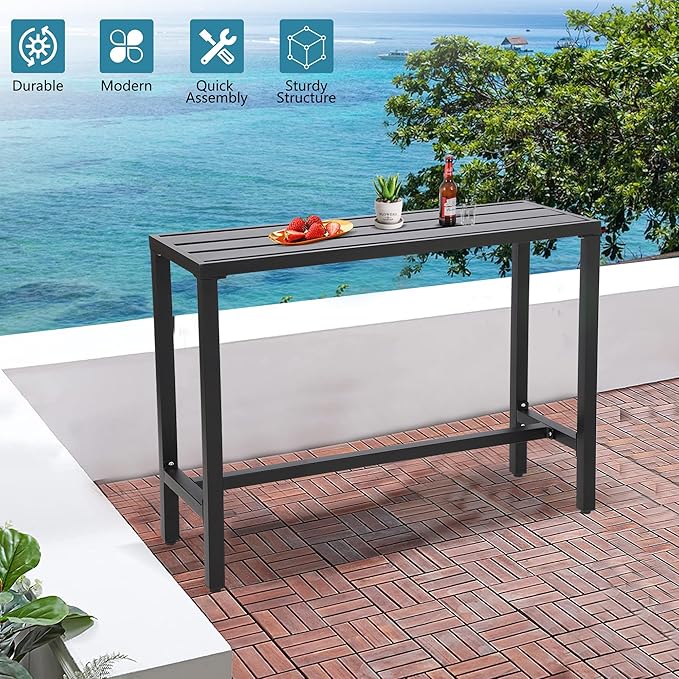 Outdoor Bar Table, Patio Console Pub Height Tables with Powder Coated Steel Frame, Weather Resistant Waterproof Top for Hot Tub, Balcony, Garden, Yard, Poolside (Black, 55" Bar Table)