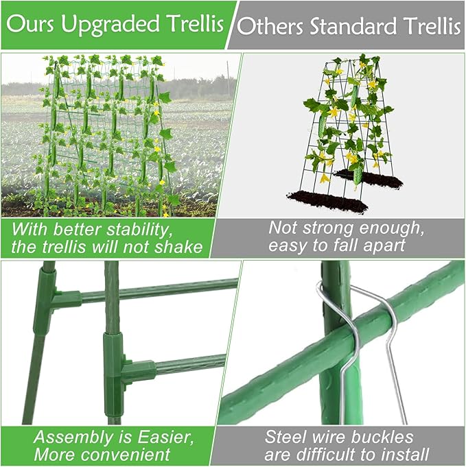 32 x 53 Inch Cucumber Trellis for Climbing Plants Outdoor A-Frame Garden Trellis for Raised Bed Detachable Sturdy Garden Plant Support Trellis for Small Plant Vegetable Flower Grape with Climbing Net