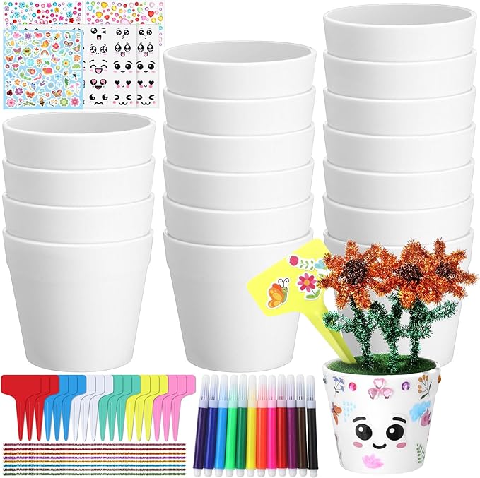 Funnymoom 36 Pcs Garden Plastic Paintable Flower Pot Craft Kit DIY Painting Flower Pots with Watercolor Stickers Pipe Cleaners Growing Kits for Home Spring Summer Mother's Day Fun Activity (Cute)
