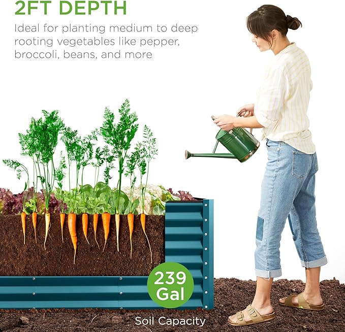 Best Choice Products 8x2x2ft Raised Outdoor Metal Garden Bed, Deep Root Box Planter for Vegetables, Flowers, Herbs, 240 Gallon Capacity, 100% Non Toxic Materials - Peacock Blue