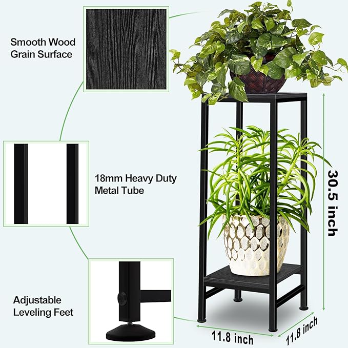Plant Stand Indoor, Tall Plant stands for Indoor Outdoor Plants, 2 Tier Heavy Duty Plant Shelf 31" Metal Pedestal Stand Modern Corner Flower Stand for Patio, Living Room, Balcony(Black)