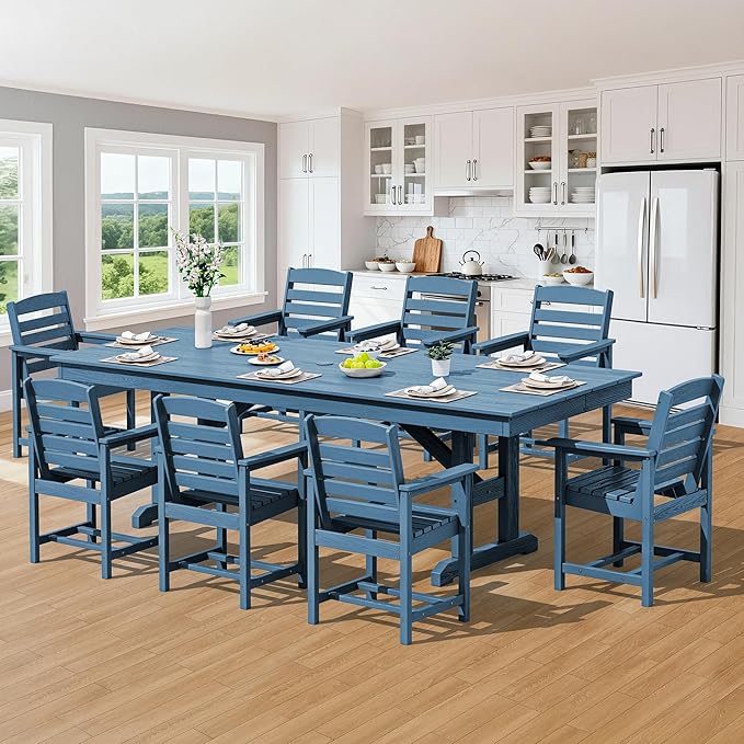 SERWALL Outdoor Dining Chairs Set of 4, All-Weather HDPE Patio Chair with 19.7" Widened Seat, for Backyard, Garden, Blue