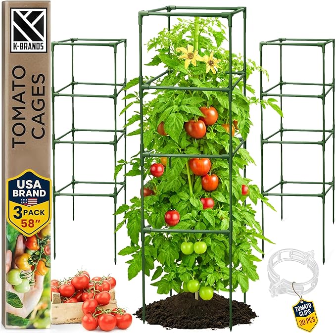 Tomato Cage Square - Large Trellis Stakes and Plant Support Structures for Vegetables and Climbing Plants - Tall Tomato Cages for Garden, Pots, Raised Garden Bed Outdoor Supplies (3 Pack - Up to 58")