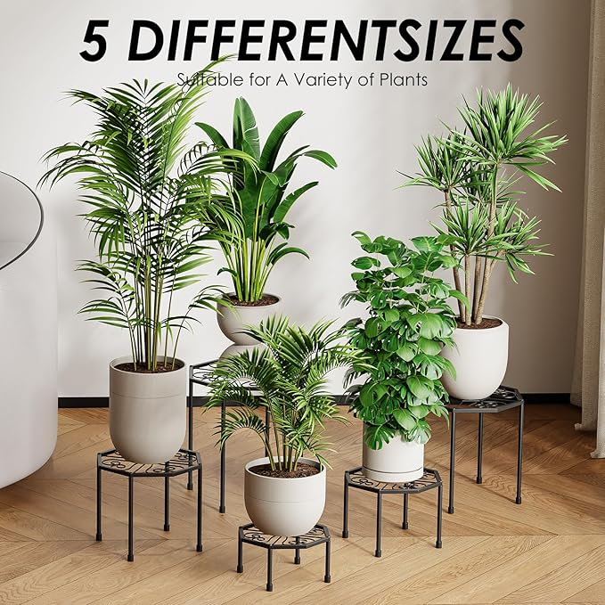 5-Pack Metal Plant Stands for Outdoor Indoor, Anti-Rust Iron Flower Pot Stand, Heavy Duty Plant Pot Shelf for Multiple Plant, Decoration Racks for Home, Patio & Garden (Black)
