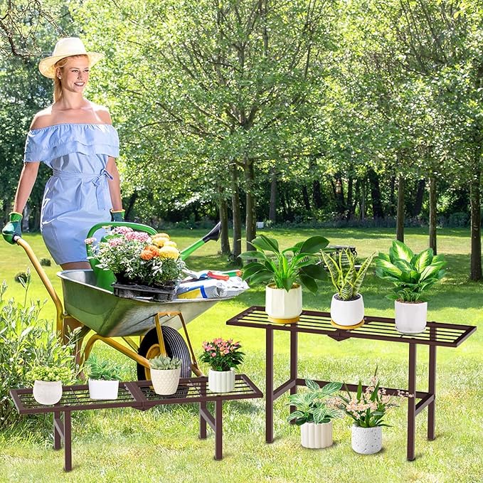 2 Tier Plant Stand Indoor Outdoor, Foldable Metal Separated Ladder Plant Stands, Plant Shelf Multiple Flower Pot Holder Display Shelving for Garden Living Room Patio,Brown