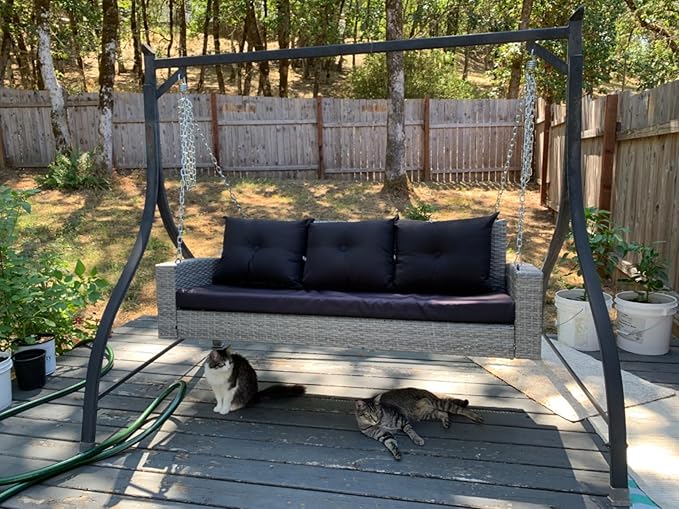 DWVO 3-Seats Wicker Hanging Porch Swing Chair Outdoor Gray Rattan Patio Swing Lounge 3 Back Cushions Capacity for Garden, Balcony, Gray Rattan Black Cushion