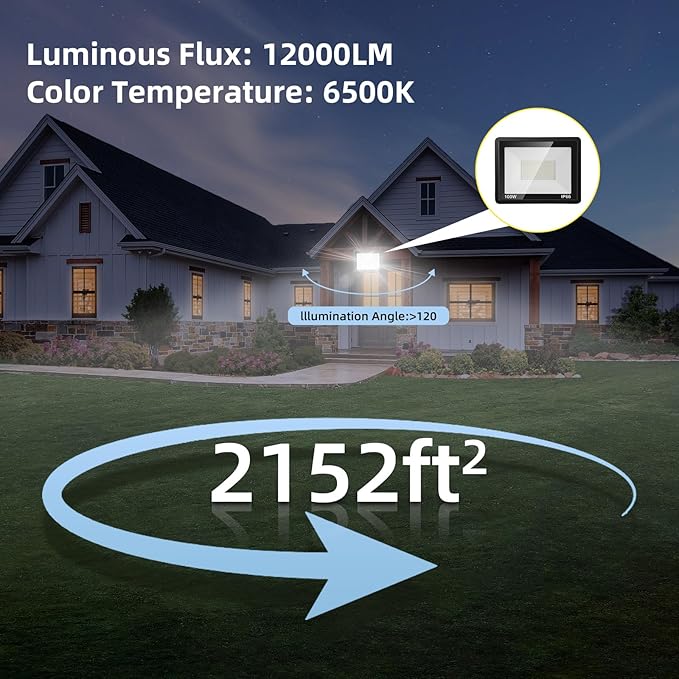 100W Flood Lights Outdoor,12000LM Bright LED Work Light,IP66 Waterproof Outdoor with Switch and 6.5FT Plug,6500K Daylight White Outside Lights for Yard，Garage,Garden,Stadium(2 Pack)