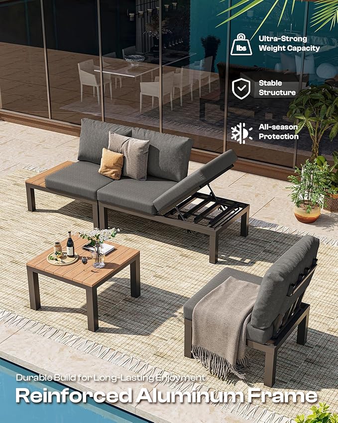 Aluminum Modular Outdoor Patio Furniture Set, 8 Seats Sectional Sofa Set with Adjustable Backrest & Thick Cushions, All-Weather L-Shaped Corner Set with Table for Garden & Yard, Graphite