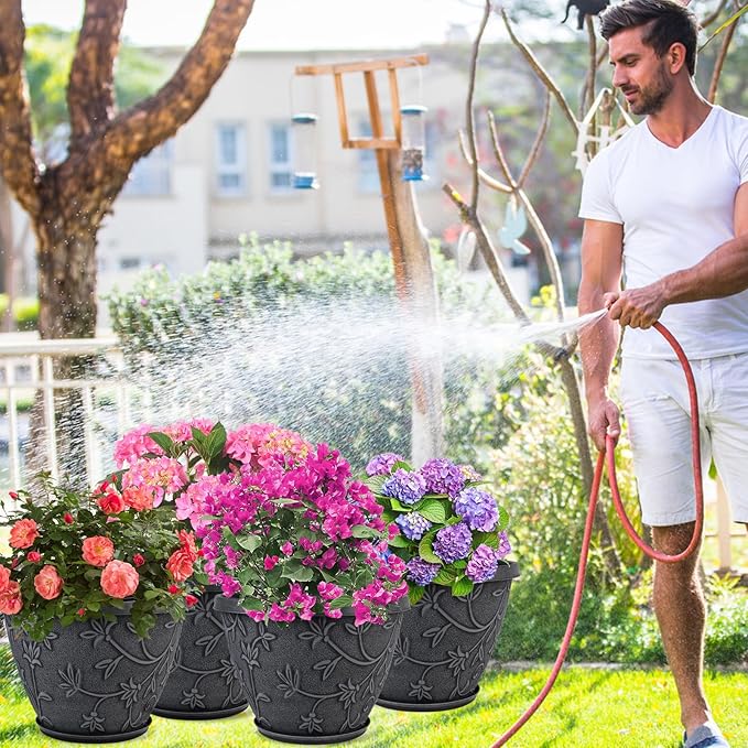 4 Pack 10 Inch Plant Pot for Outdoor Indoor, Plastic Flower Pots with Drainage Hole & Saucer, Lightweight Small Resin Flower Pot, Imitation Magnolia Planter Pots for Garden House（Gray）