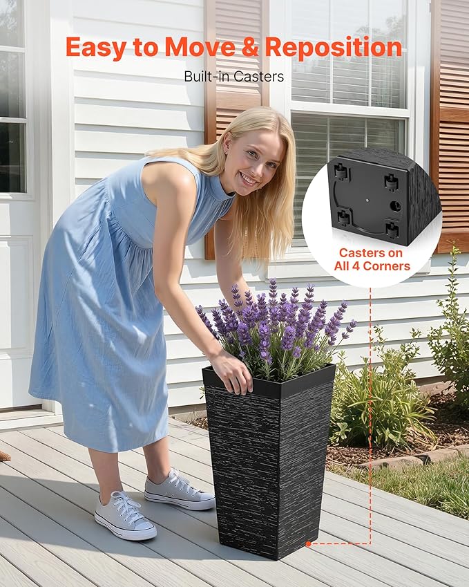 VEVOR Set of 2 Tall Planters for Outdoor Plants 23 inch, Black Tall Planter for Indoor Plants, Modern Planters for Front Porch Patio Balcony, Plant Container Flower Pots with Built-in Drainage