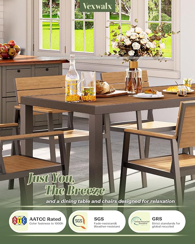 7-Piece Outdoor Dining Set, Aluminum Dining Table Set for 6, Patio Table and Chairs Set with Umbrella Hole, All Weather HDPS Outdoor Table and Chairs for 6 (Gray-Teak)