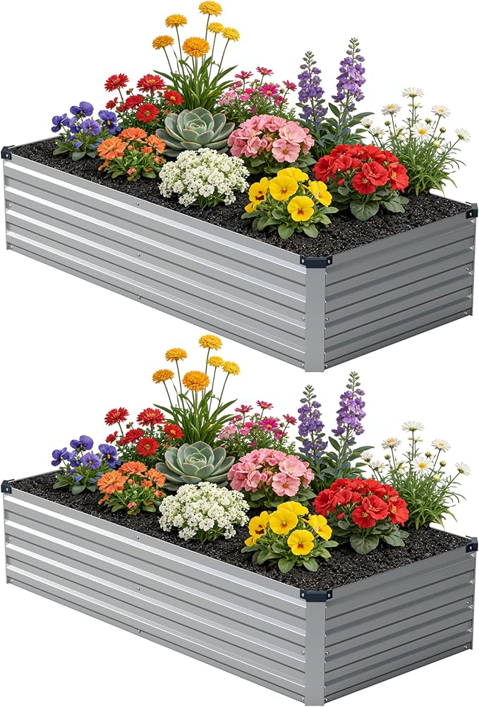 6x1.5x1 ft(2 Pack) Galvanized Raised Garden Bed,Outdoor Planter Box Metal Patio Kit Planting Bed for Vegetables Flowers and Succulents,Silver