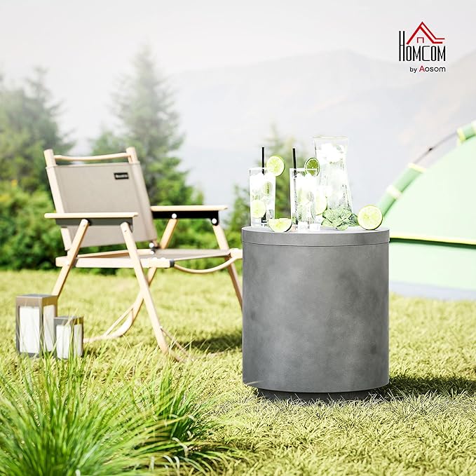 HOMCOM 2.6 Gal Outdoor Cooler Side Table, 3-in-1 Cool Coffee Table with Storage, Removable Ice Bucket and Lid, Concrete Small Patio Table for Party, Poolside, Deck, Gray