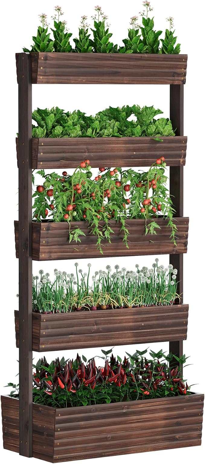 FILWH Wooden Raised Garden Bed Vertical Planter Box, Freestanding Plant Stand for Indoor Outdoor Plants, Herbs, Flowers, Vegetables, Gardening (Carbonized, 5-Tier，29.9 x 17.9 x 68in)