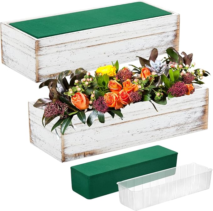 Dandat 2 Set Wood Boxes for Centerpieces 12x4 Inch Rectangle Wooden Planter Box Rustic Wooden Planters with Removable Plastic Liner Floral Foam Blocks for Christmas Wedding Home Garden Decor(White)