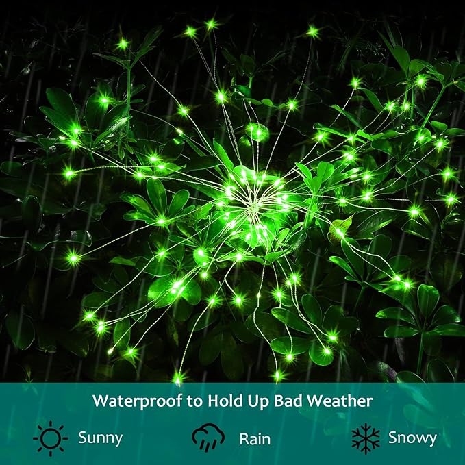 JJGoo Solar Firework Lights, 2 Pack 150 LEDs 2 Lighting Modes Solar Lights Outdoor Waterproof for Garden Patio Walkway Pathway Party Wedding Christmas Decorative - Green