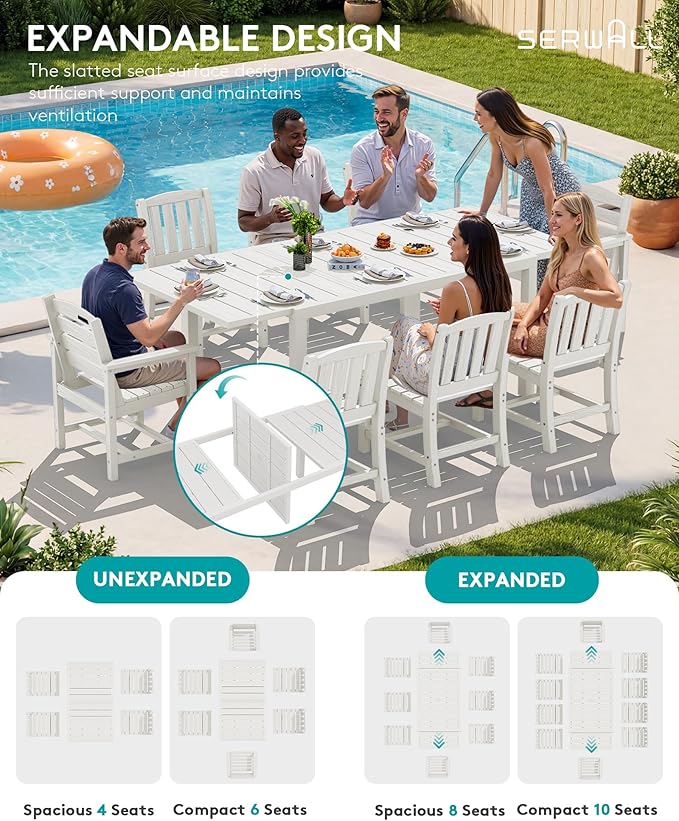 SERWALL 11-Piece Outdoor Dining Set, 60" - 83" Expandable Outdoor Dining Table and 10 HDPE Chairs, All Weather HDPE Outdoor Furniture Set for Backyard, Garden, White