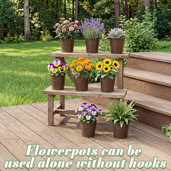 HowRU Hanging Flower Pots, Railing Planter Box for Outdoor Plants 12 Pack 5 Inch Metal Hanging Planters with Detachable Hooks Balcony Window Fence Garden Decoration Flower Boxes(Bronze(5in))