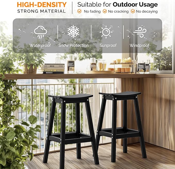 VINGLI 29" Outdoor Bar Stools Set of 2, HDPE Poly Lumber Bar Chairs with Footrest, Weather Resistant Patio Barstools for Bar, Kitchen Counter, Yard (Black, 29 Inch 2 PC)